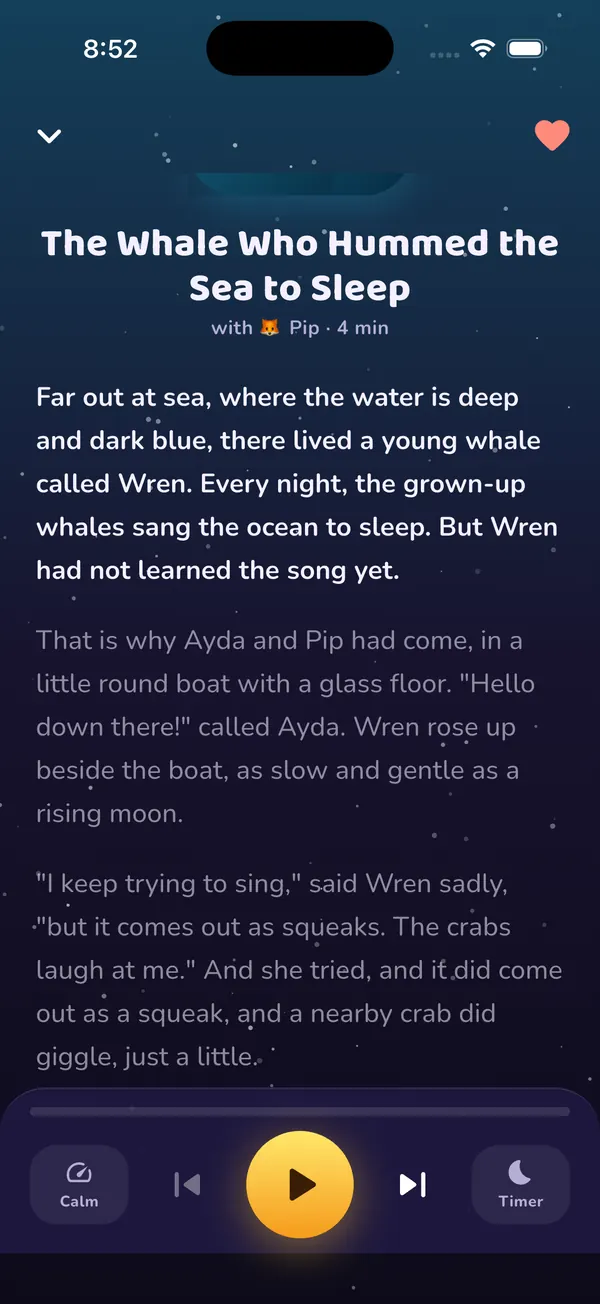 A Lello story being read, with pace, play and sleep timer controls